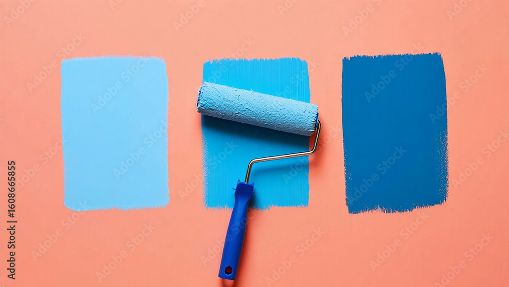 Obraz premium Paint roller applying blue paint to a peach surface