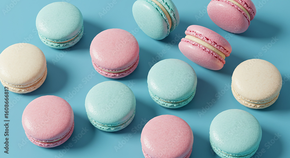 Fototapeta premium Assortment of pastel colored macarons on a blue background