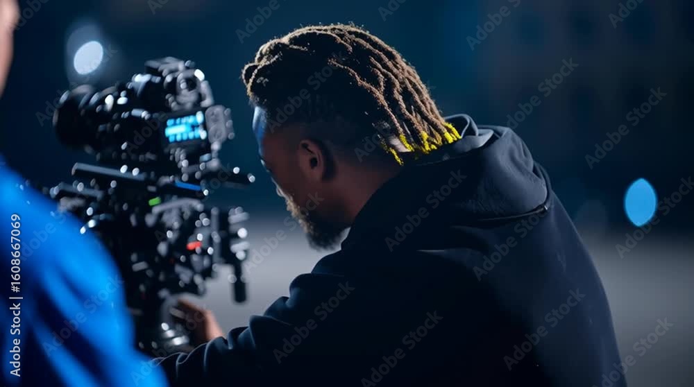 A filmmaker operates a camera on set, capturing creative moments in a professional environment, showcasing passion for storytelling.