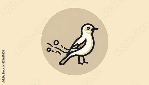 Whimsical Stylized Bird with Flowing Tail Feathers on Soft Beige Background