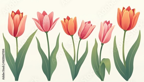 Vibrant Gradient Tulips in a Row with Lush Green Leaves