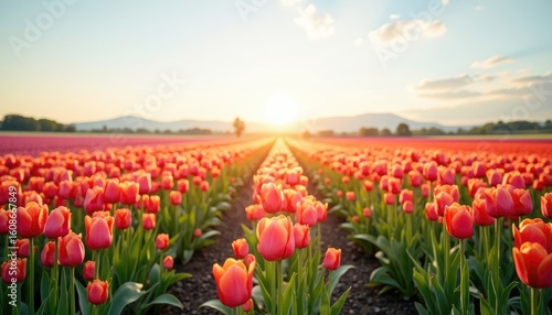 Sunlit Rows of Coral Tulips at Sunset: A Vibrant Spring Landscape