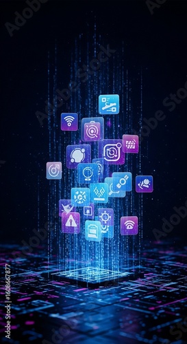 Digital Connectivity and Data Flow: Abstract Technology Background with Flying App Icons
