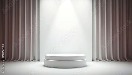 Elegant White Stage with Curtains and Spotlight, Minimalist Presentation Backdrop