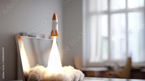 A rocket taking off from the laptop screen, smoke coming out of it