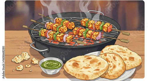 Colorful Paneer Skewers with Naan and Green Chutney on Grill