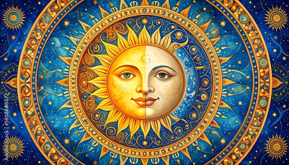Obraz premium Ornate celestial mandala featuring the sun and moon