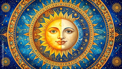 Ornate celestial mandala featuring the sun and moon