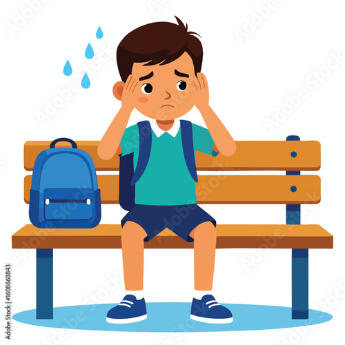 Cartoon boy sitting on a bench, looking worried with hands on head, school bag beside him.