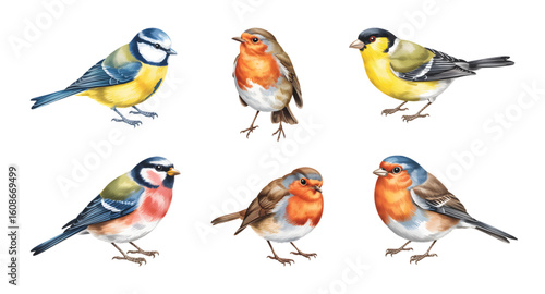 Watercolor illustration of tit birds in natural poses.

