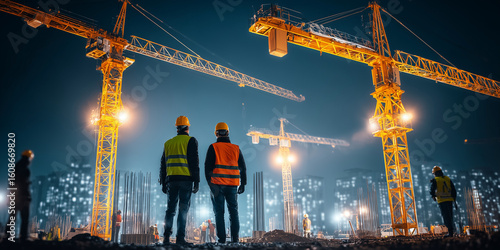 Engineers supervising construction site with cranes at night