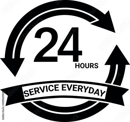 Twenty four hours service everyday black silhouette vector illustration