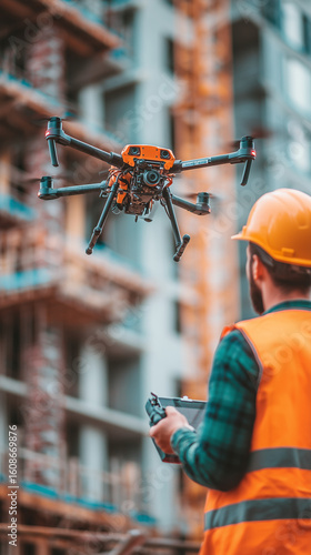 Construction worker operating drone for building site inspection