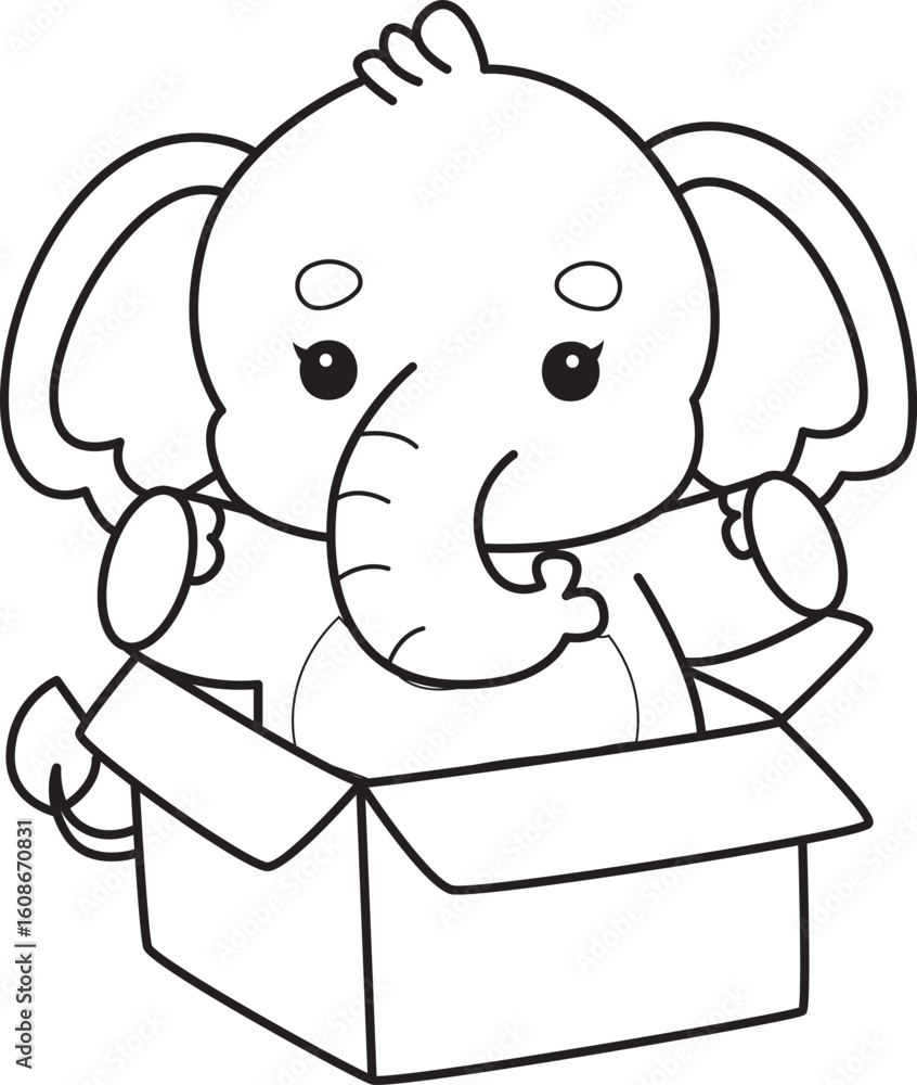 Fototapeta premium Cute Elephant icon. Funny baby Elephant animal series stock illustration. Life of fluffy Elephant designs. Coloring pages of Funny baby Elephant. 