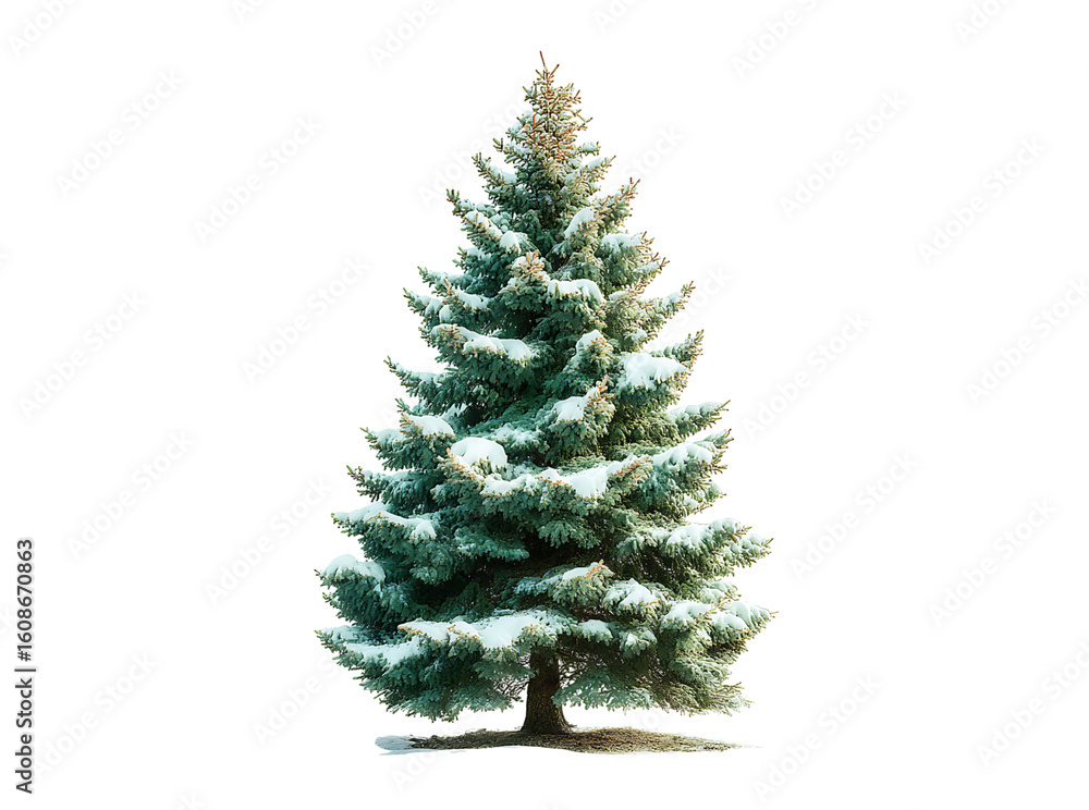 Fototapeta premium Snow covered evergreen tree winter holiday season, Isolated On White, Transparent Background, Png