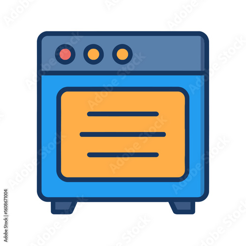 Blue and Orange Oven Illustration with Three Red Knobs and Horizontal Lines.