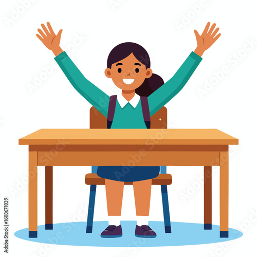 A joyful schoolgirl raises her arms in the classroom, celebrating success.