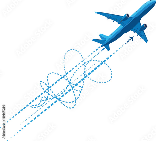 Blue Airplane Flying with Dotted Travel Path - Global Journey Concept