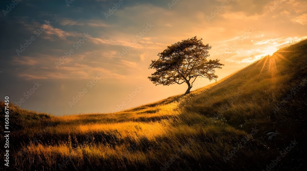 Obraz premium Golden sunset, lone tree, grassy hillside.