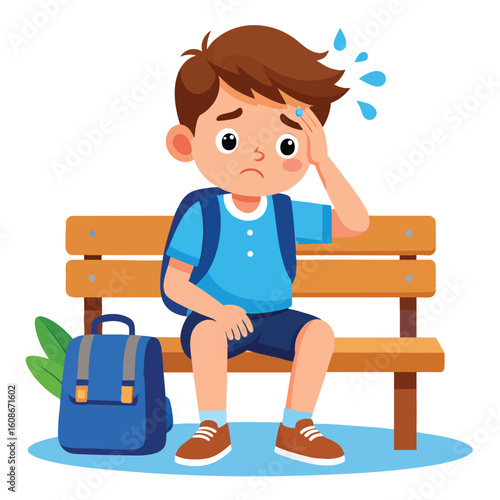A tired schoolboy sits on a park bench, hand on forehead, looking unwell.