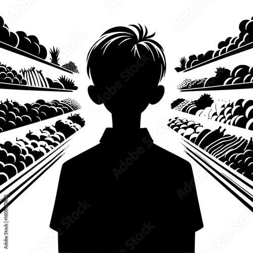 Black and White Vector Silhouette of a Boy Looking at Fruit Section