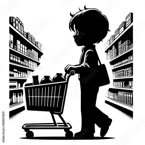 Black and White Vector Silhouette of a Boy Pushing a Shopping Cart