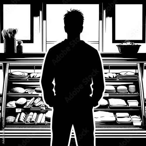 Black and White Vector Silhouette of a Man at the Deli Counter