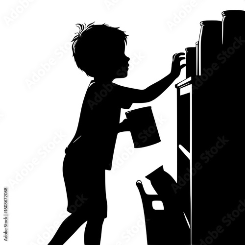 Black and White Vector Silhouette of a Boy Choosing a Snack from a Shelf