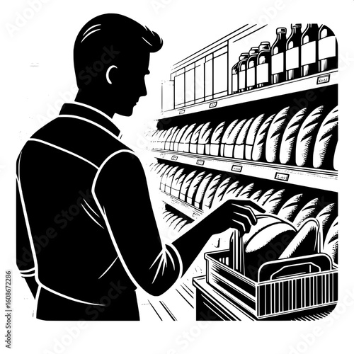 Black and White Vector Silhouette of a Man Buying from the Bakery Section