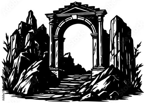  Ancient Stone Archway in Rocky Landscape Silhouette