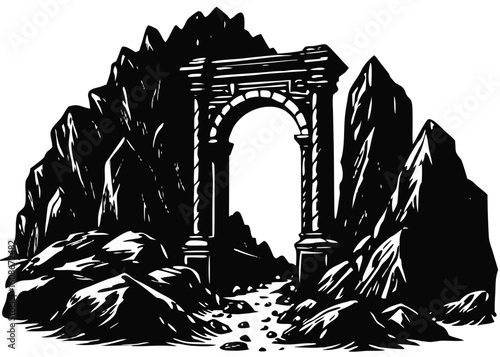  Ancient Stone Archway in Rocky Landscape Silhouette