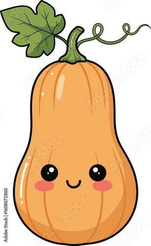 Cute cartoon butternut squash with smiling face, green stem and leaf, vector illustration for food, harvest, and autumn themes