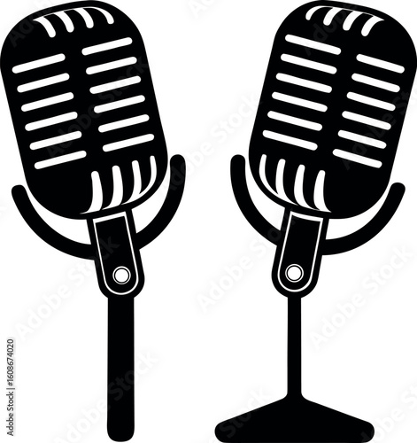 Two vintage microphones black silhouette vector illustration