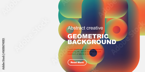 Abstract geometric shapes, vibrant colors, modern design. Text includes geometric background, plus sample text, button. Minimalist aesthetic.