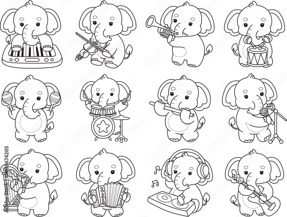 Fototapeta premium Cute Elephant icon. Funny baby Elephant animal series stock illustration. Life of fluffy Elephant designs. Coloring pages of Funny baby Elephant.