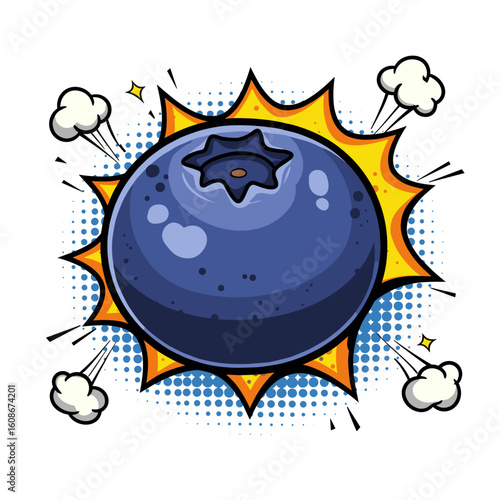 Blueberry with comic explosion background in pop art style  