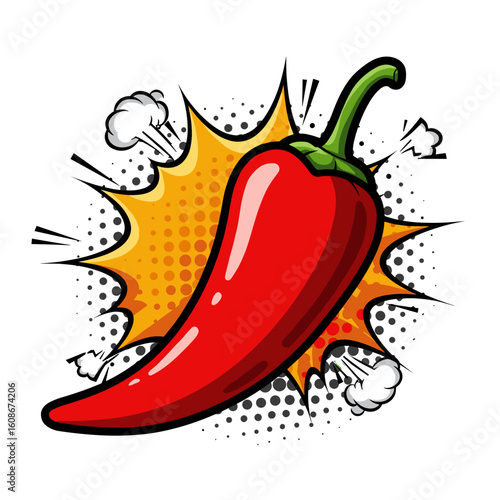 Red chili pepper in pop art style with explosive background  