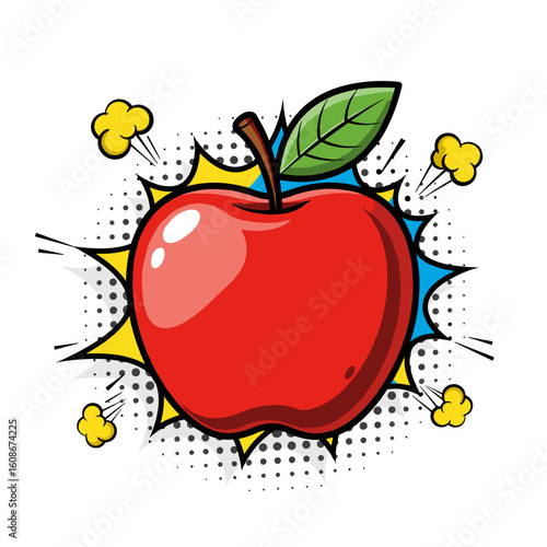 Red apple in pop art style with colorful background and effects  