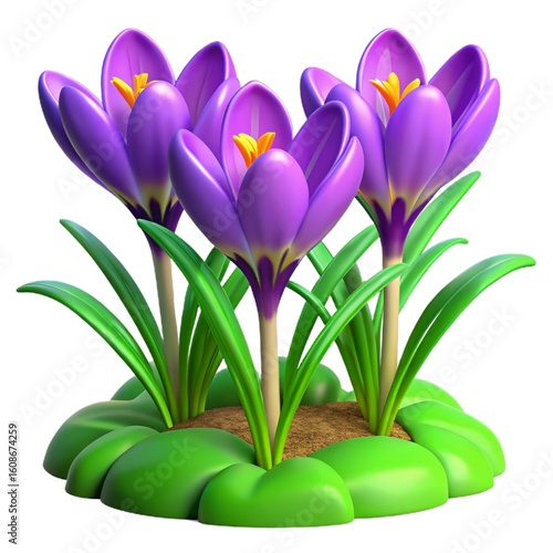 Blooming Purple Crocus Flowers in a Stylized 3D Spring Scene