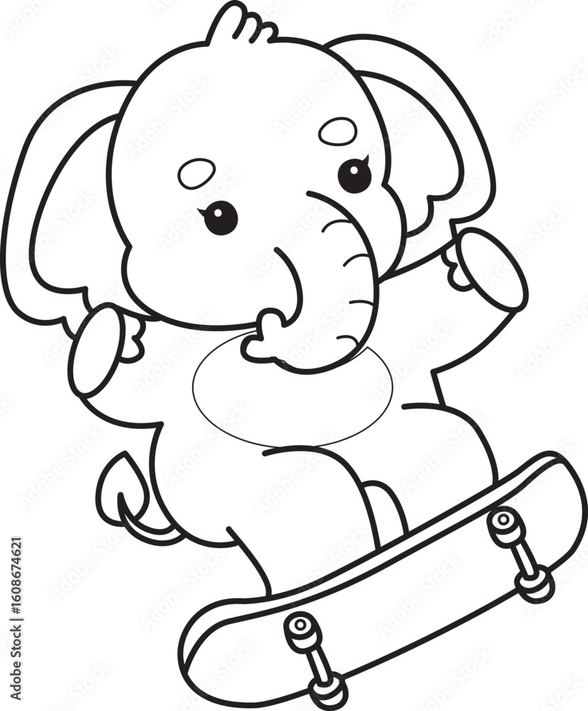 Fototapeta premium Cute Elephant icon. Funny baby Elephant animal series stock illustration. Life of fluffy Elephant designs. Coloring pages of Funny baby Elephant.