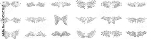 Symmetrical angel and demon black wings vector set for fantasy illustrations digital art graphic design and tattoo art and use to design vector bundle set.
