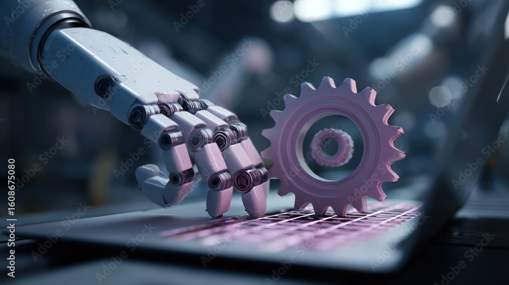 Fototapeta premium Robotic hand manipulating a gear on laptop keyboard in a workshop setting