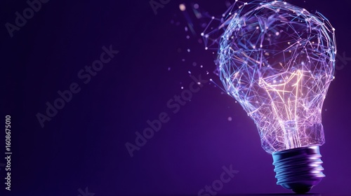A futuristic lightbulb design with connected particles against a dark purple background