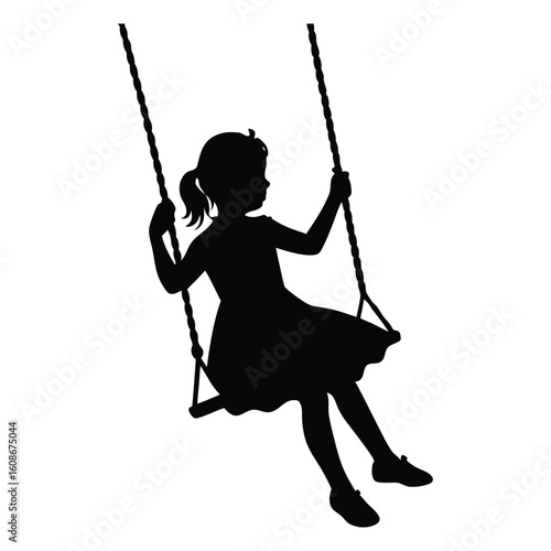 A joyful girl silhouette swings high in the air, her hair flowing and legs extended, capturing the carefree spirit of childhood in a moment of playful freedom and motion.
