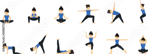 woman in various yoga poses against a white background in a grid layout vector bundle set.
