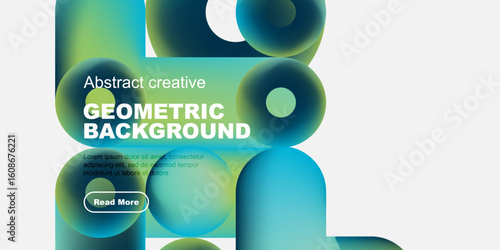 Abstract geometric shapes, vibrant colors, modern design. Text overlay includes geometric background, plus sample text, button. Minimalist aesthetic.