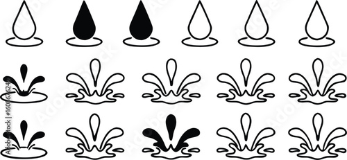 Set of black and white water drop and splash icons with outline and solid fill variations