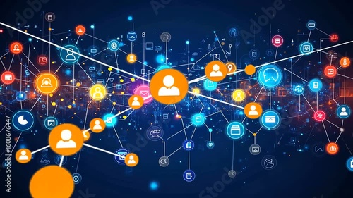 Abstract digital network with interconnected people icons and data flow