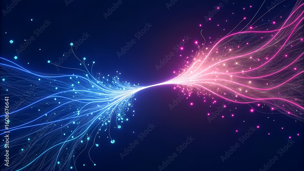 Naklejka premium A vibrant abstract digital artwork depicts a dynamic fusion of blue and pink energy streams