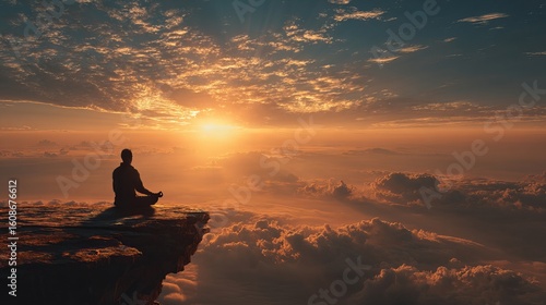 A serene male figure practicing meditation on a cliff at sunset, surrounded by vibrant clouds and warm golden light.